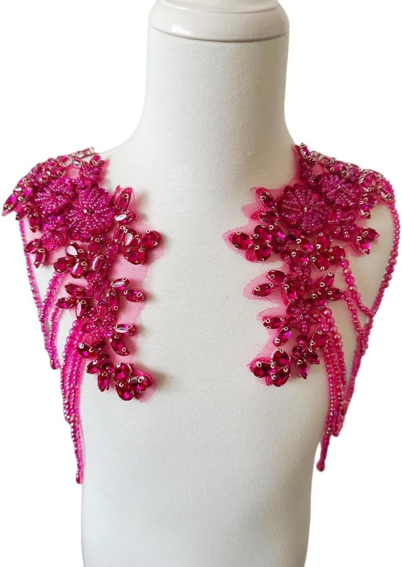wtbvn 1 Pair Beaded Rhinestones Applique Embellishment for Clothes Epaulettes Shoulder Patches Sew-on Diamond Sequin Tassels Applique for Wedding Dress DIY Accessories 9.8X10.2inches (Rose red) - Image 2